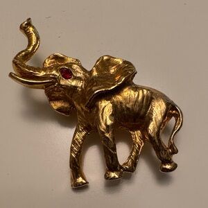 Vintage Gold Elephant Brooch with Red Gem Eye